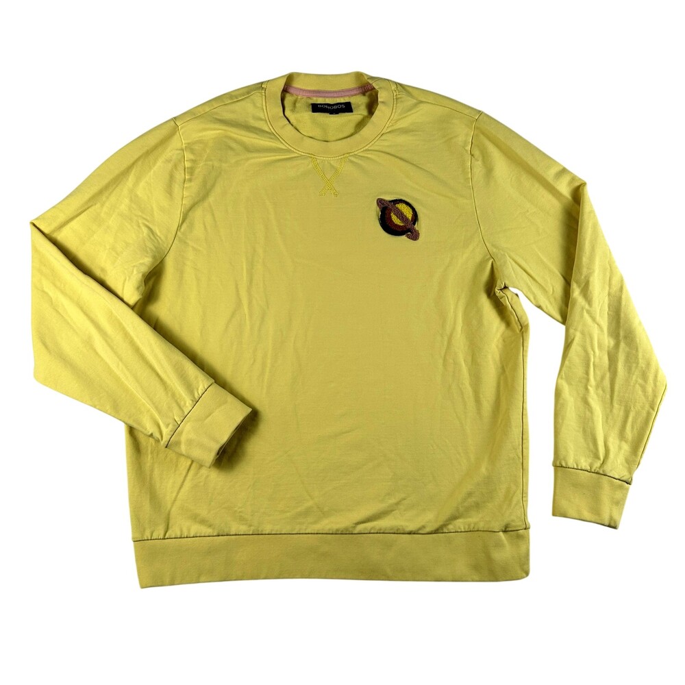 Bonobos Sweatshirt Mens Medium Yellow Stretch Planet Patch Crewneck Pullover